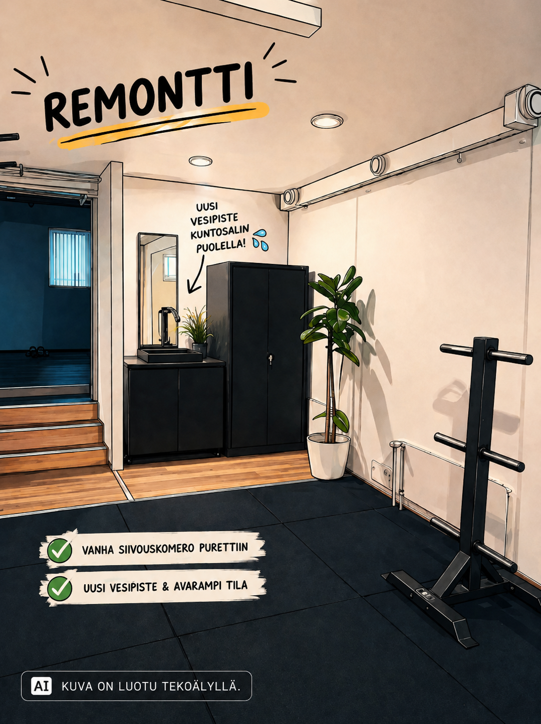 HoviGym Turku kuntosali uusi vesipiste kuntosalin puolella remontin jälkeen
