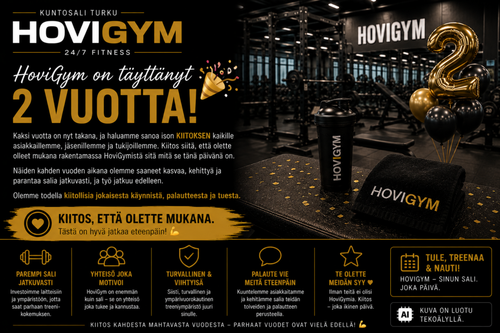 Turku Kuntosali HoviGym HoviGym 2 vuotta – tumma ja blurattu kuntosali tausta sekä kynttilällä varustettu kakkonen cupcake päällä