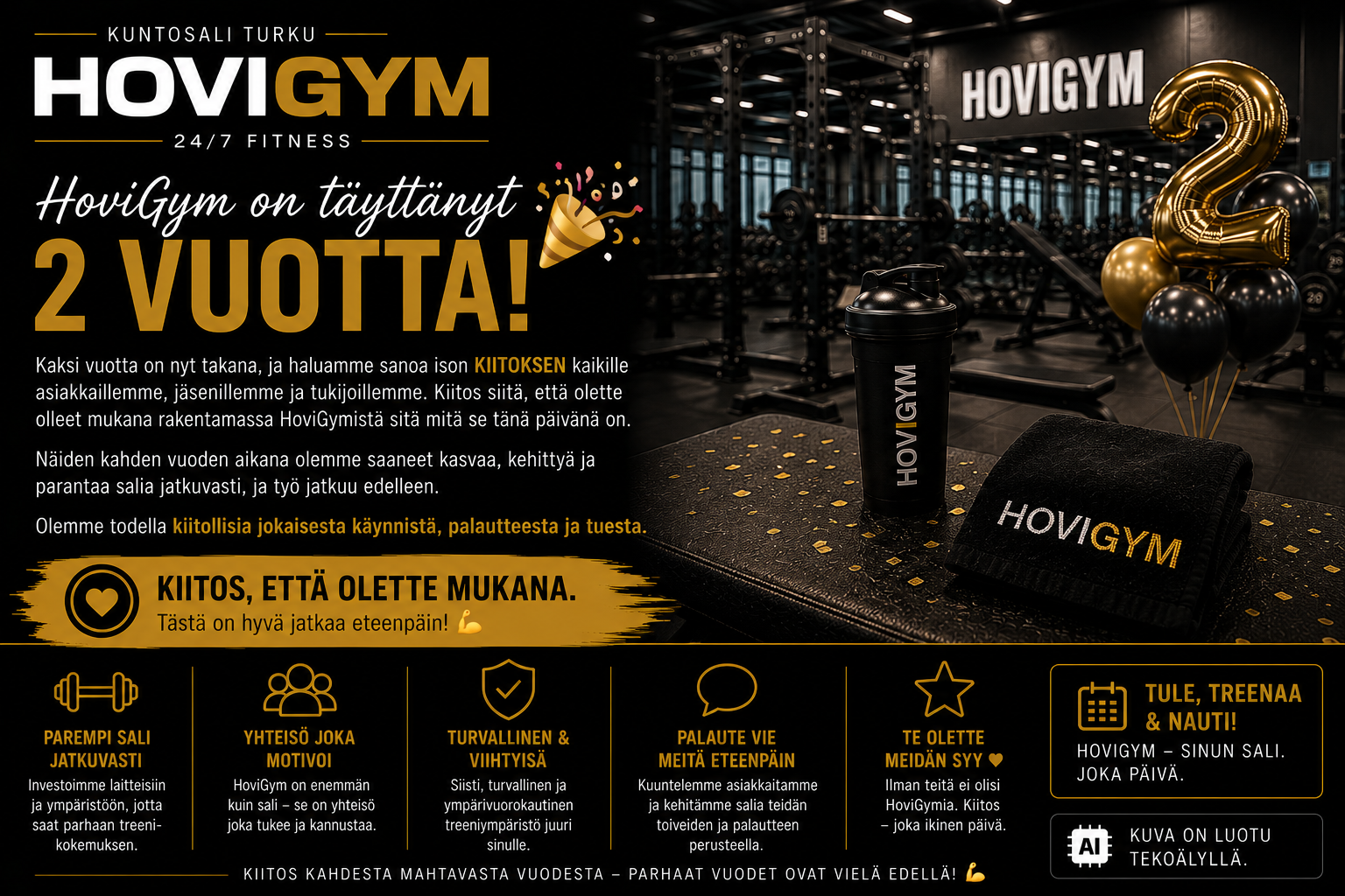 HoviGym 2 vuotta – tumma ja blurattu kuntosali tausta sekä kynttilällä varustettu kakkonen cupcake päällä